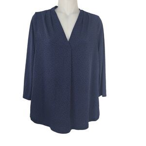 41 Hawthorn Woman’s Top Blouse Size Small Blue Black Polka Dot V Neck 3/4 Sleeve